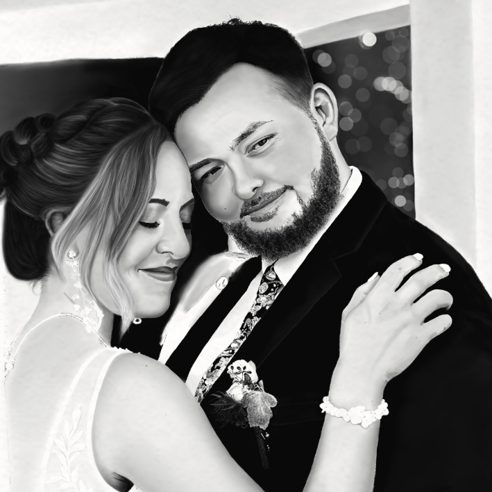 Graphite wedding portrait of a couple embracing