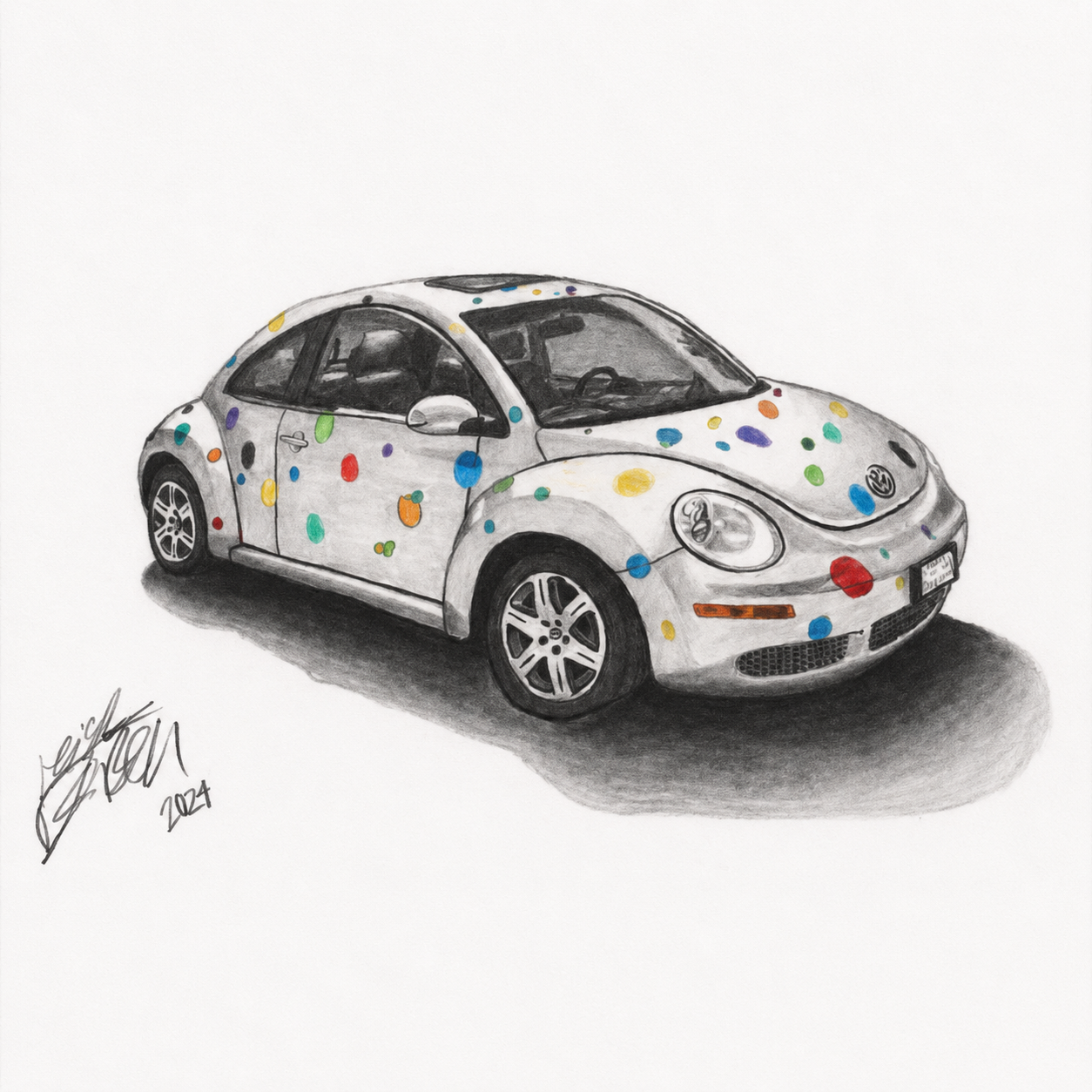 Hand-drawn Volkswagen Beetle decorated with colorful dots