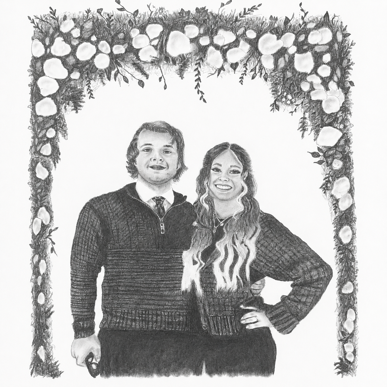 Hand-drawn portrait of a couple framed by flowers and greenery
