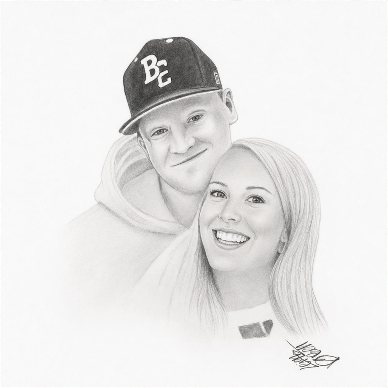 Hand-drawn portrait of Holly and Mitch smiling together