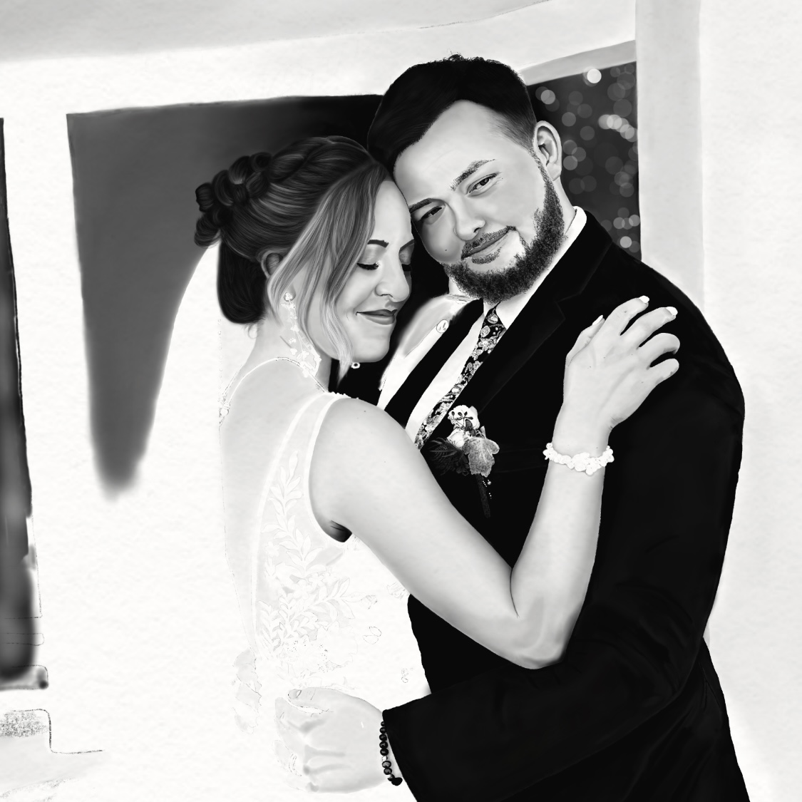 Hand-drawn wedding portrait of a bride and groom embracing